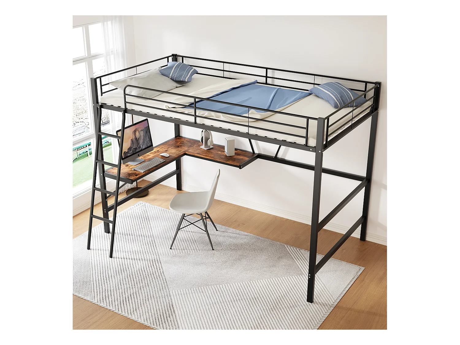 Cama alta de 90x200 cm, cama juvenil con escritorio en L y estante, color negro, sin colchón