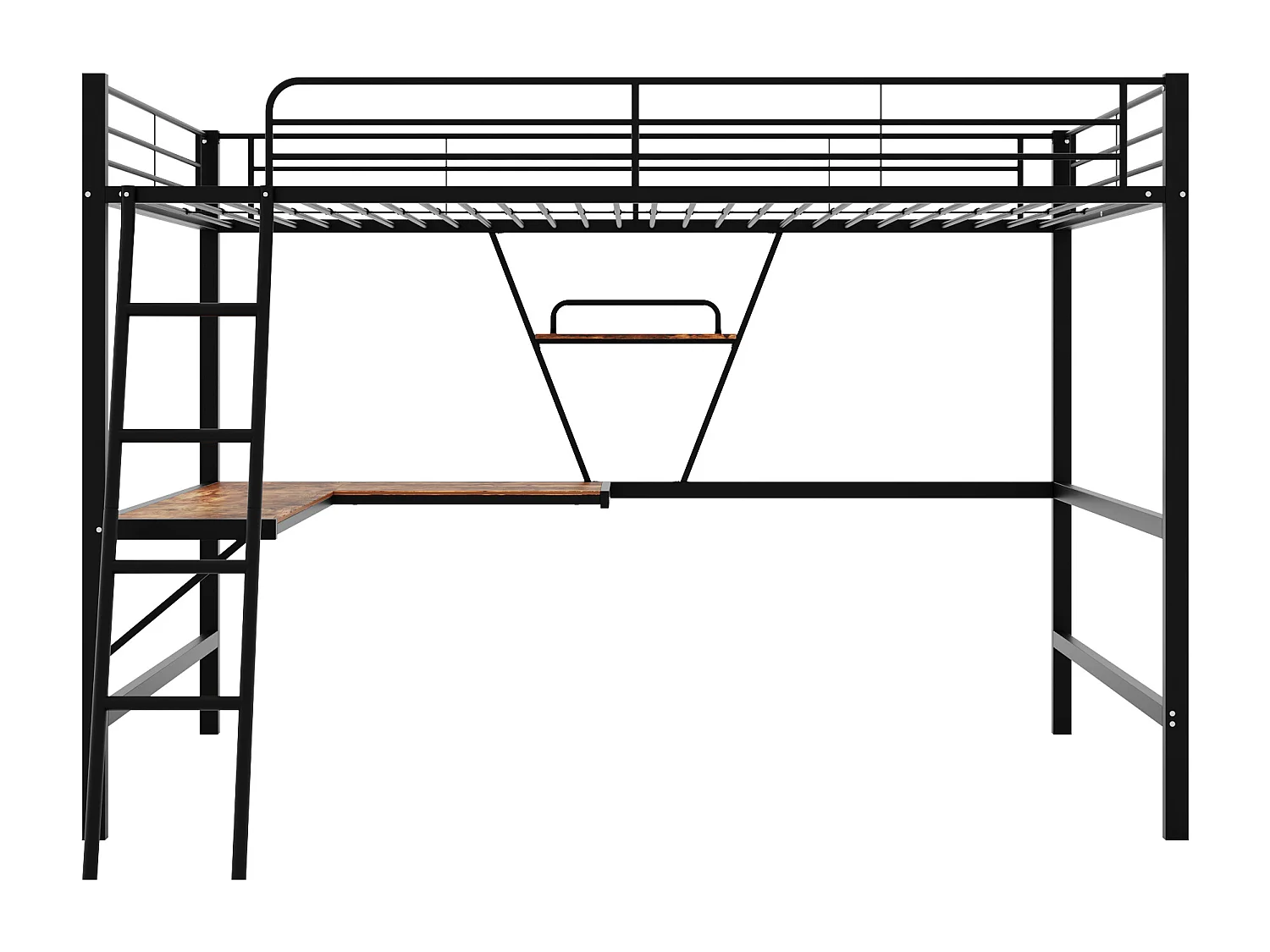 Hoogslaper 90 x 200 cm, Tienerbed met L-vormig bureau en plank, zwart, zonder matras