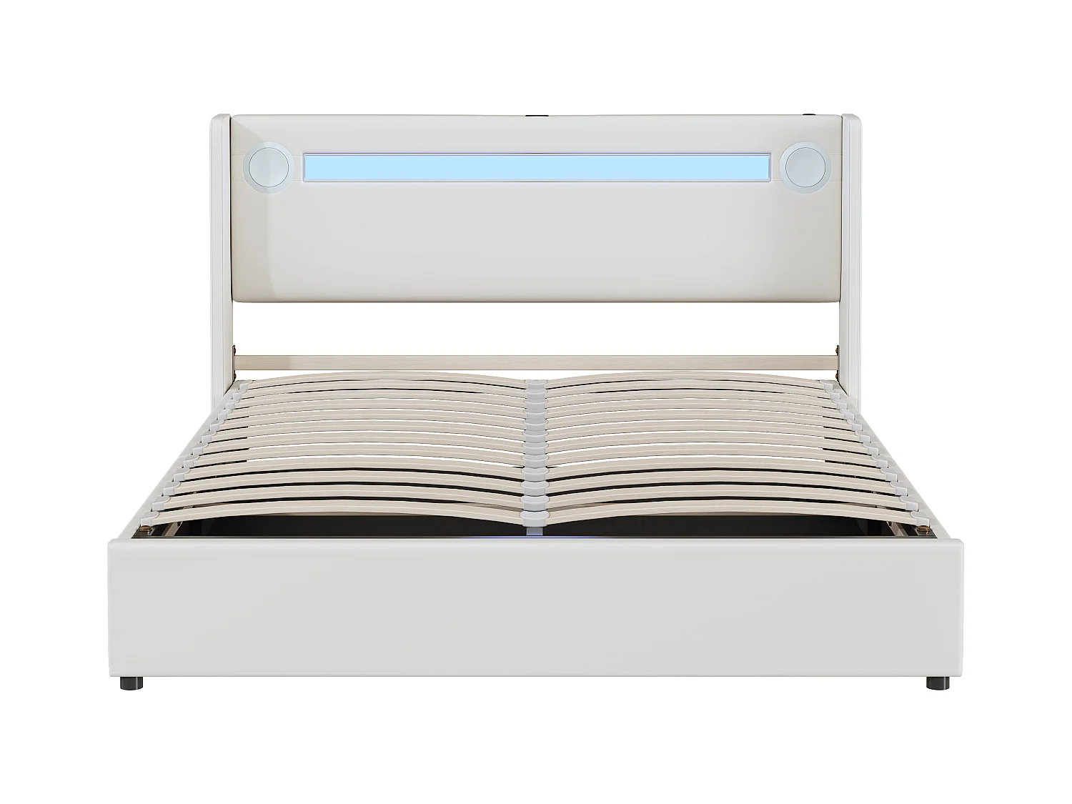 Opbergbed 160 x 200 cm - Wit PU - Tweepersoonsbed met USB-oplader en Bluetooth-speler - LED-verlichting - Zonder matras