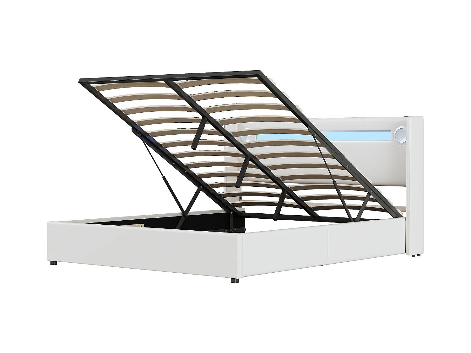 Opbergbed 160 x 200 cm - Wit PU - Tweepersoonsbed met USB-oplader en Bluetooth-speler - LED-verlichting - Zonder matras