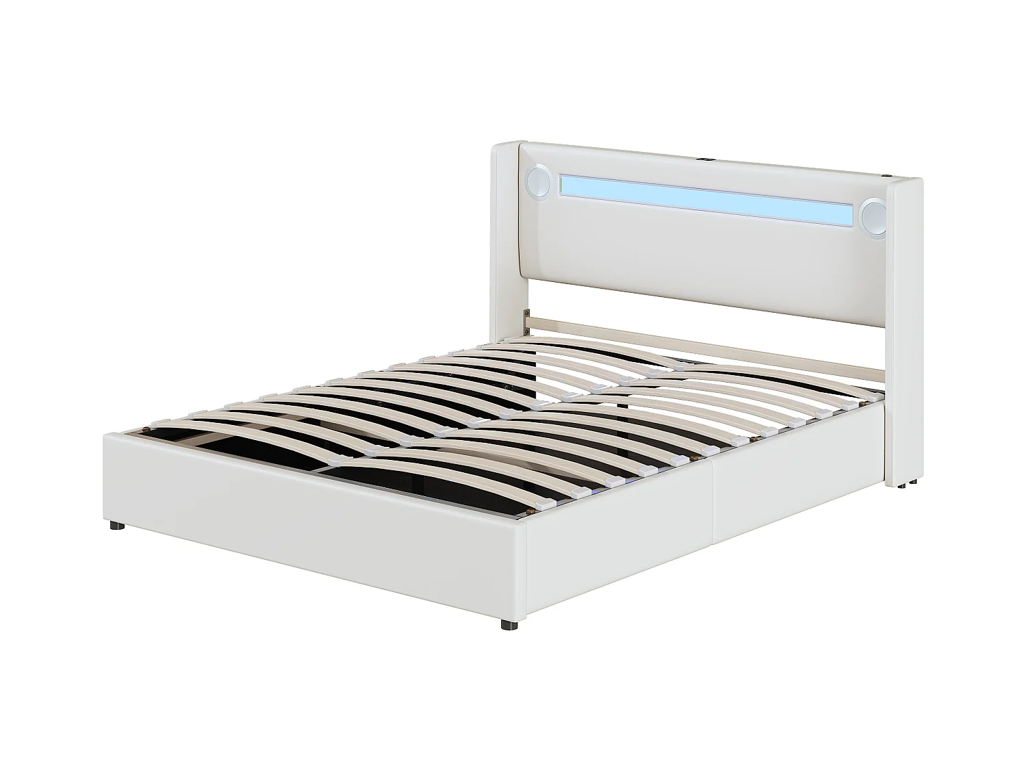Opbergbed 160 x 200 cm - Wit PU - Tweepersoonsbed met USB-oplader en Bluetooth-speler - LED-verlichting - Zonder matras
