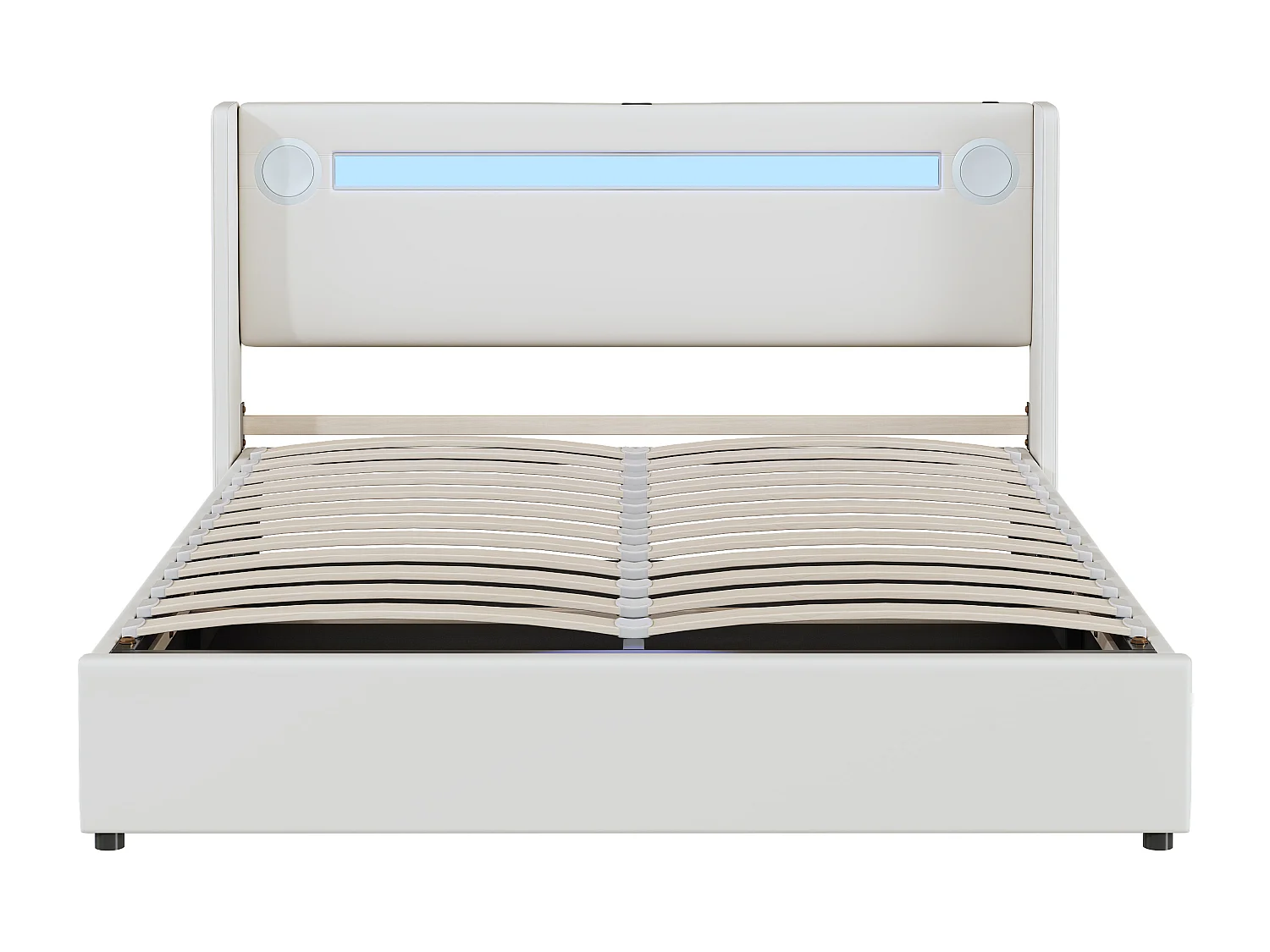 Bett mit Stauraum 160 x 200 cm – weißer PU-Stoff – Doppelbett mit USB-Ladefunktion und Bluetooth-Player – LED-Lichtleiste – ohne Matratze