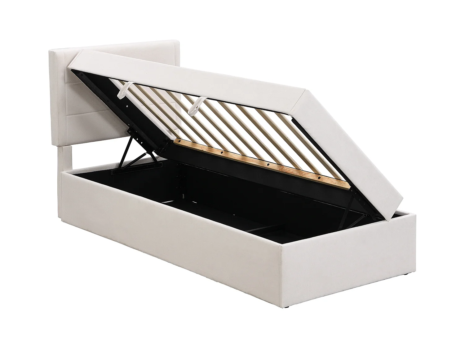 Letto contenitore 90x200 cm - Lino beige - Letto per bambini con testiera imbottita e rete a doghe - Senza materasso