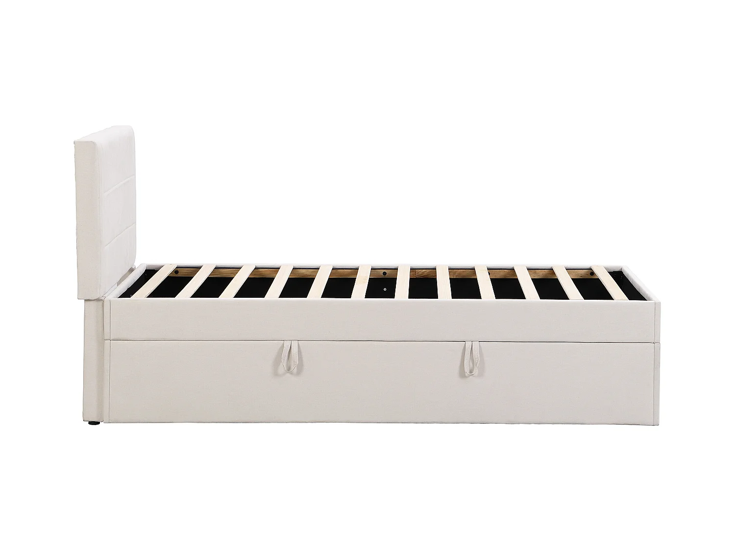 Letto contenitore 90x200 cm - Lino beige - Letto per bambini con testiera imbottita e rete a doghe - Senza materasso