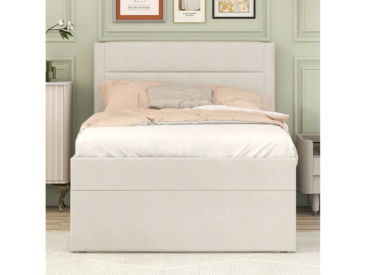 Lit coffre 90x200 cm - Lin beige - Lit enfant avec tête de lit capitonnée et sommier à lattes - Sans matelas