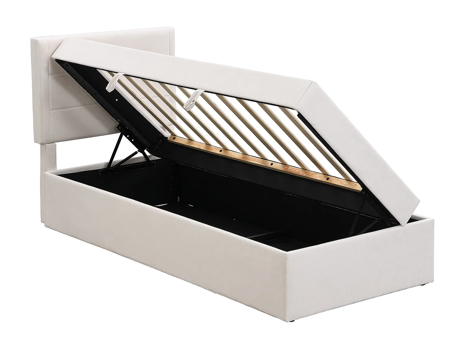 Lit coffre 90x200 cm - Lin beige - Lit enfant avec tête de lit capitonnée et sommier à lattes - Sans matelas