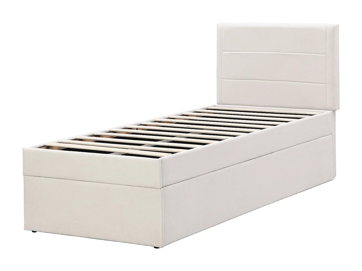 Lit coffre 90x200 cm - Lin beige - Lit enfant avec tête de lit capitonnée et sommier à lattes - Sans matelas