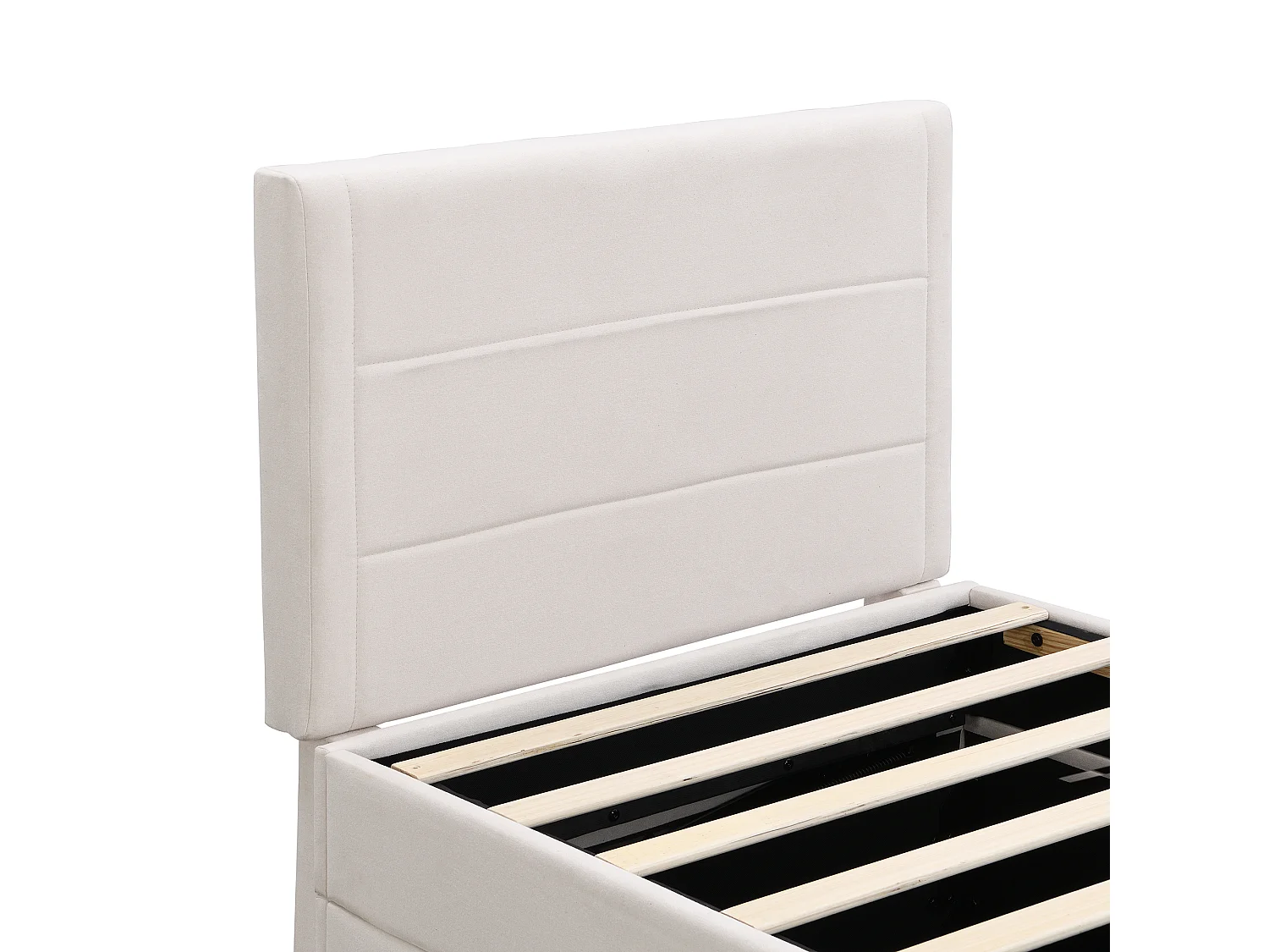 Lit coffre 90x200 cm - Lin beige - Lit enfant avec tête de lit capitonnée et sommier à lattes - Sans matelas