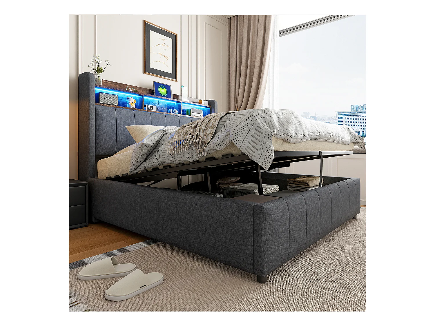 Bed met opbergruimte 140x200 cm - linnengrijs - tweepersoonsbed met ledverlichting en USB-oplader - zonder matras