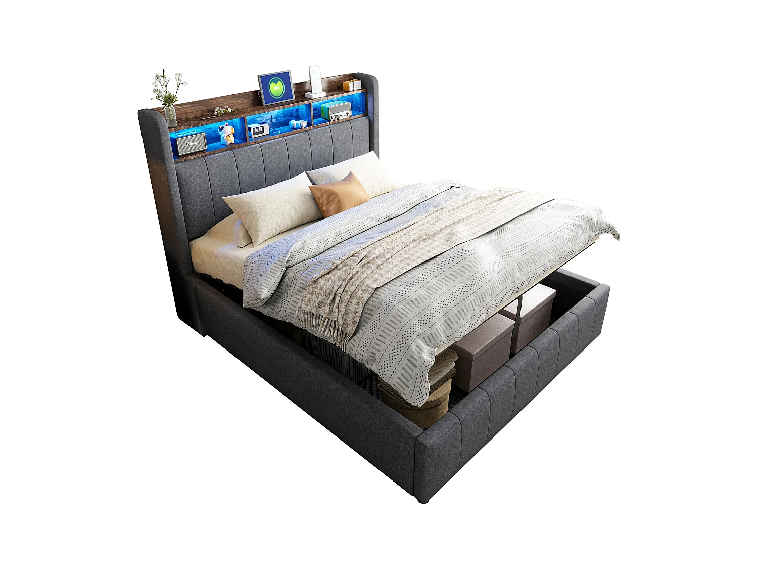 Bed met opbergruimte 140x200 cm - linnengrijs - tweepersoonsbed met ledverlichting en USB-oplader - zonder matras