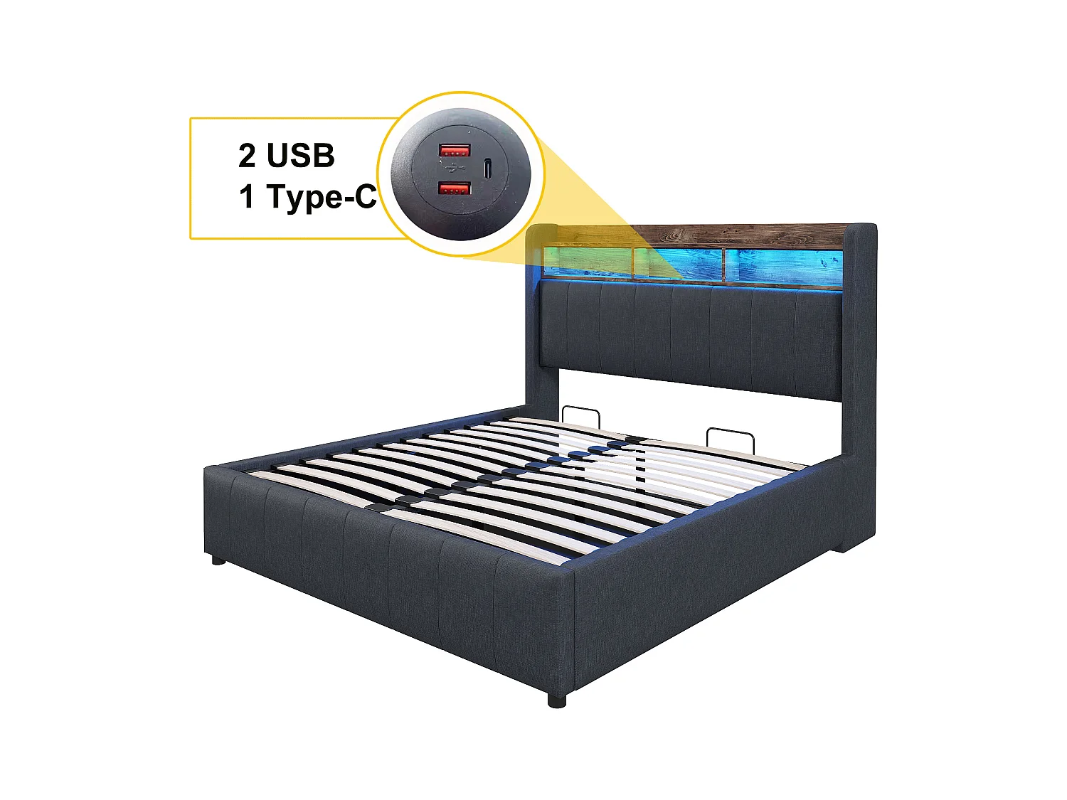 Bed met opbergruimte 140x200 cm - linnengrijs - tweepersoonsbed met ledverlichting en USB-oplader - zonder matras