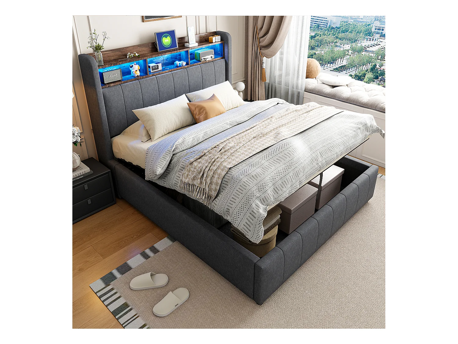 Lit coffre 140x200 cm - Lin gris - Lit double avec éclairage LED et recharge USB - sans matelas