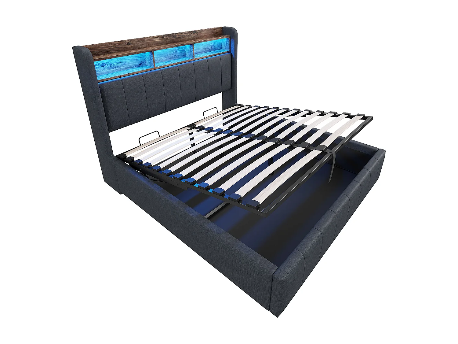 Lit coffre 140x200 cm - Lin gris - Lit double avec éclairage LED et recharge USB - sans matelas