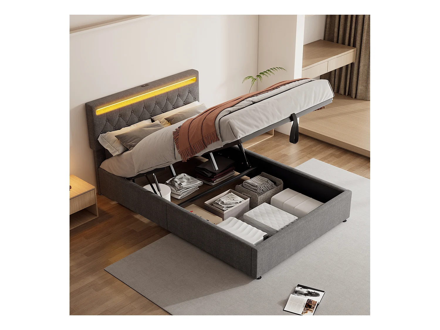 Lit coffre 140x200 cm - Lin gris - Lit ado avec éclairage LED et recharge USB - san fond