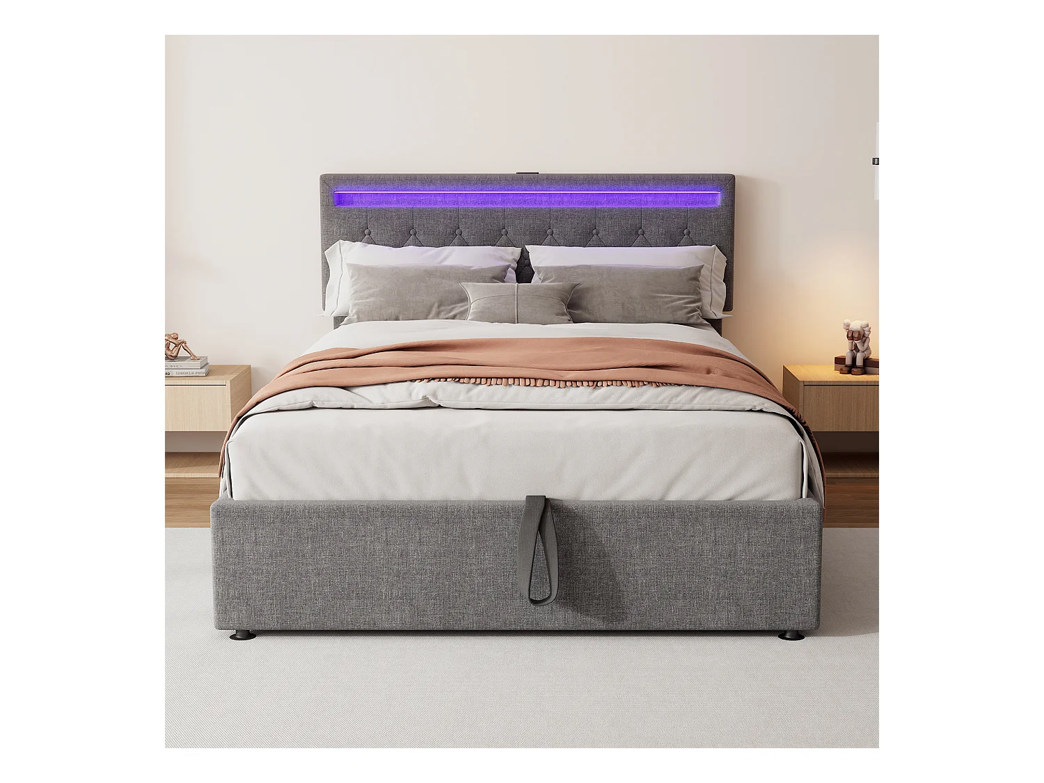 Lit coffre 140x200 cm - Lin gris - Lit ado avec éclairage LED et recharge USB - san fond