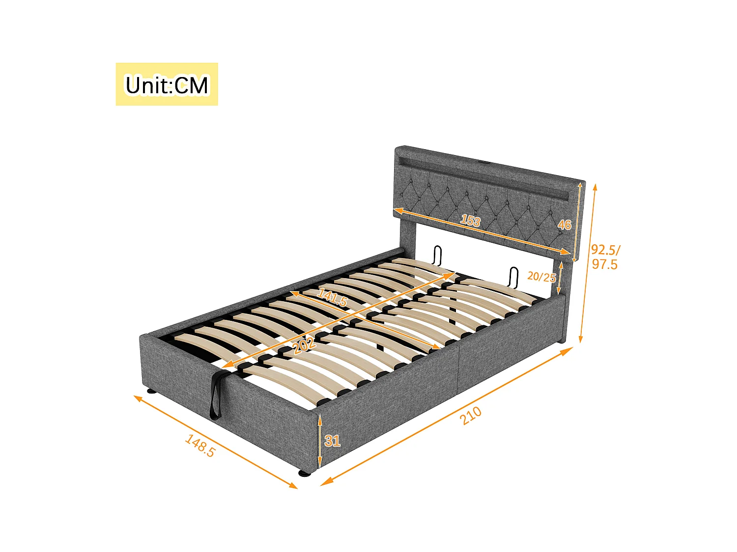 Lit coffre 140x200 cm - Lin gris - Lit ado avec éclairage LED et recharge USB - san fond