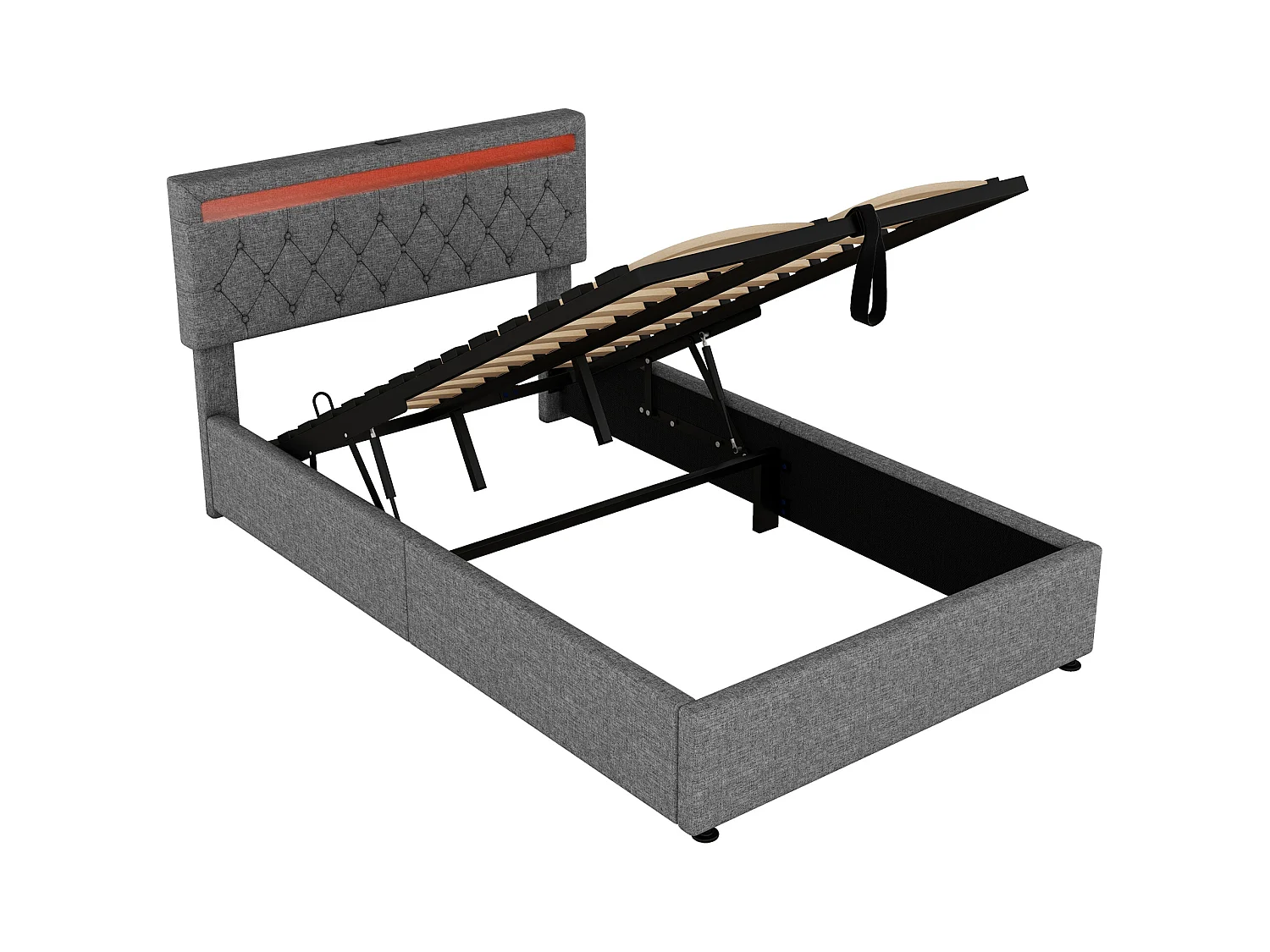 Lit coffre 140x200 cm - Lin gris - Lit ado avec éclairage LED et recharge USB - san fond