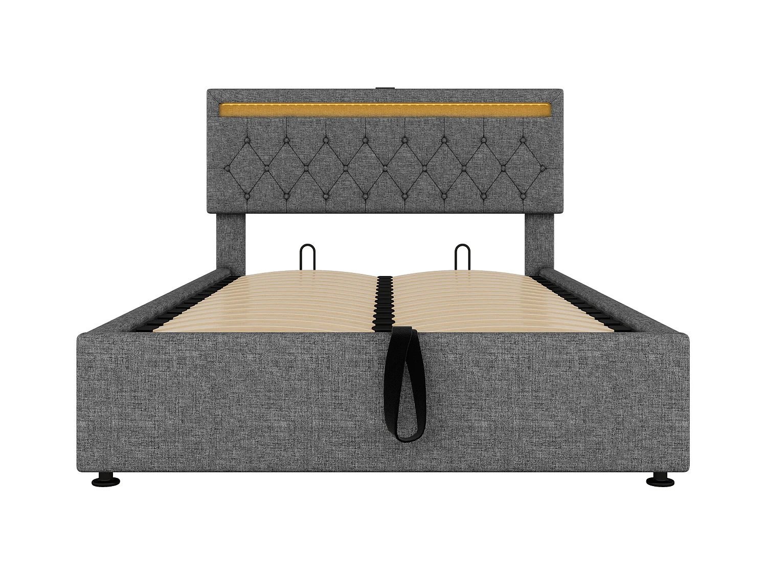 Lit coffre 140x200 cm - Lin gris - Lit ado avec éclairage LED et recharge USB - san fond