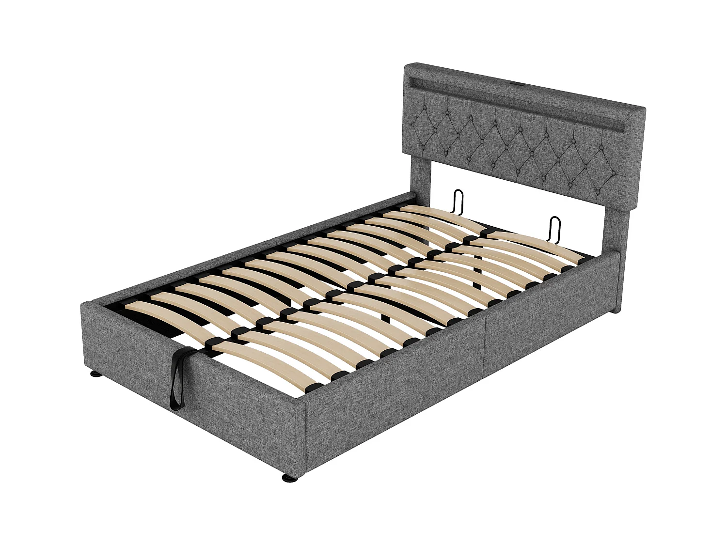 Lit coffre 140x200 cm - Lin gris - Lit ado avec éclairage LED et recharge USB - san fond