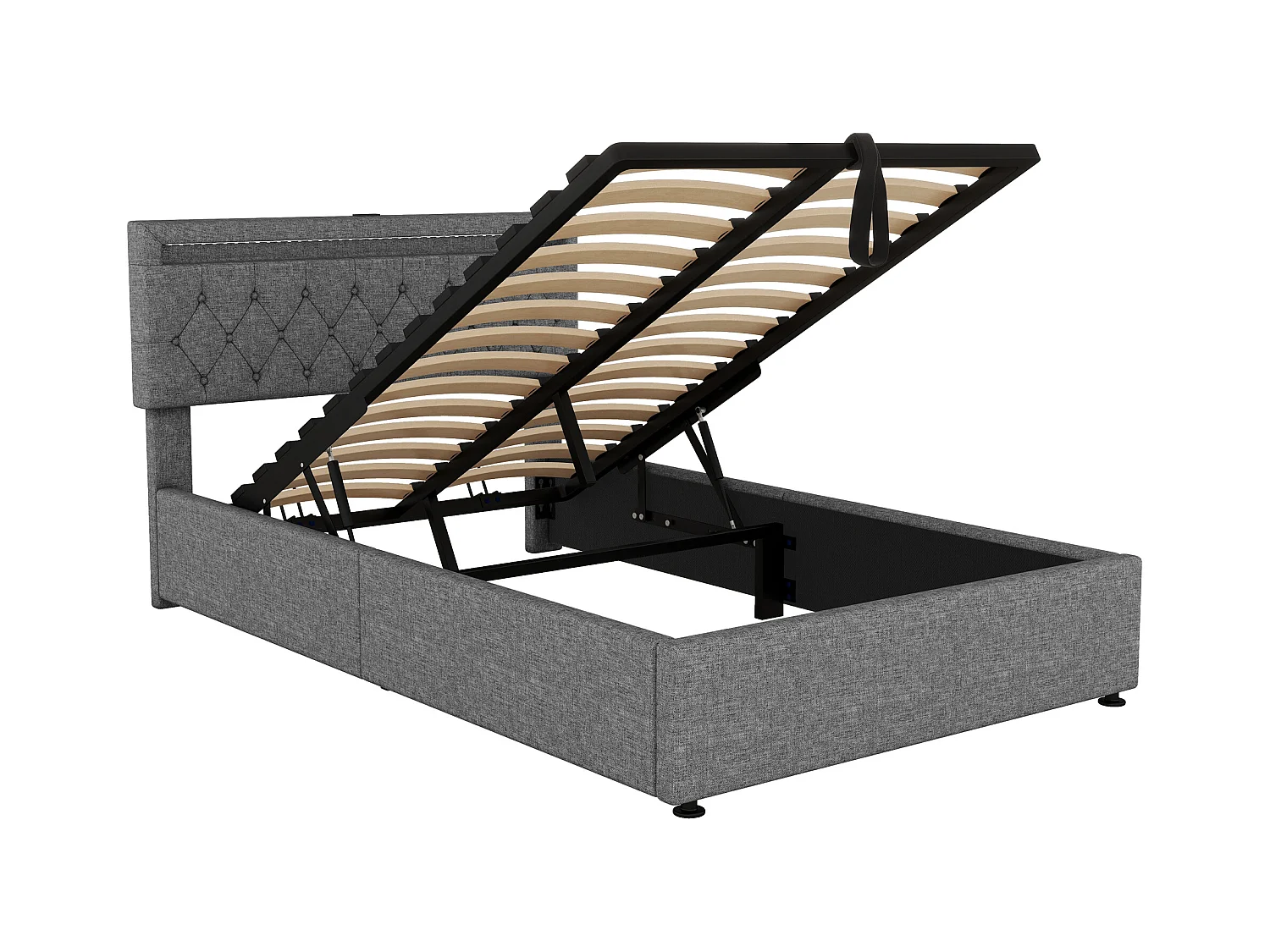 Lit coffre 140x200 cm - Lin gris - Lit ado avec éclairage LED et recharge USB - san fond