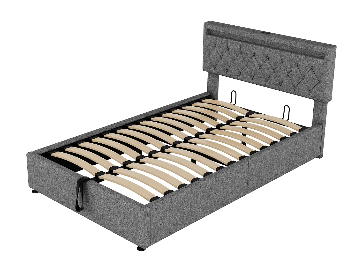 Bett mit Stauraum 140 x 200 cm – Graues Leinen – Jugendbett mit LED-Licht und USB-Ladefunktion – Ohne Lattenrost