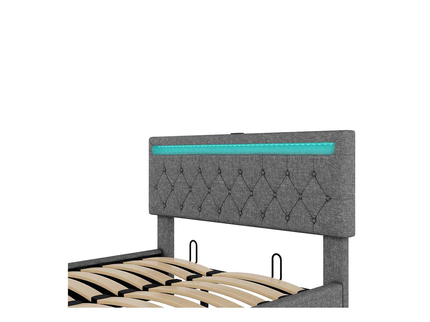 Bett mit Stauraum 140 x 200 cm – Graues Leinen – Jugendbett mit LED-Licht und USB-Ladefunktion – Ohne Lattenrost