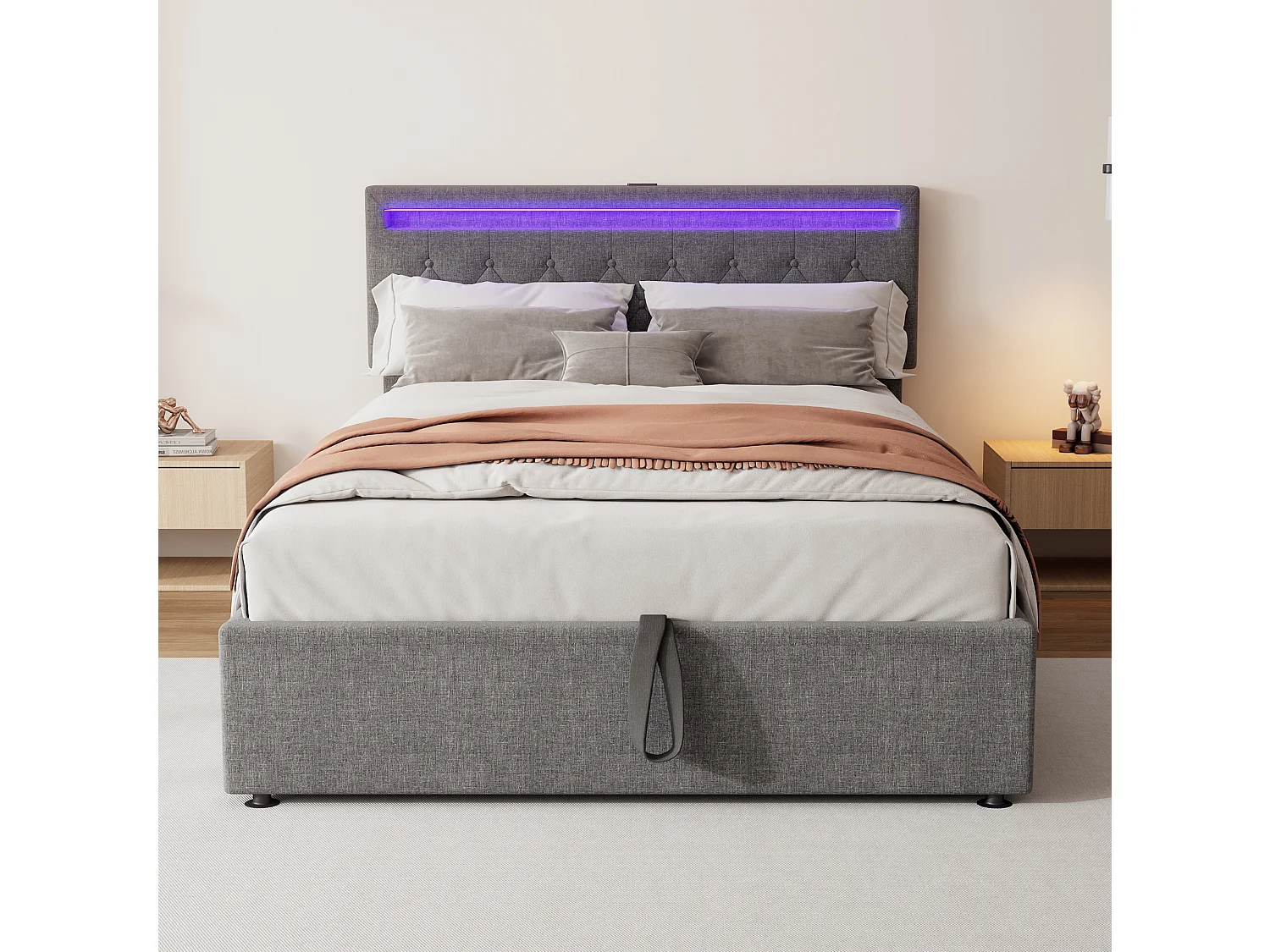 Łóżko ze schowkiem 140x200 cm - Szary len - łóżko dla nastolatków z oświetleniem LED i ładowaniem przez USB - bez podstawy
