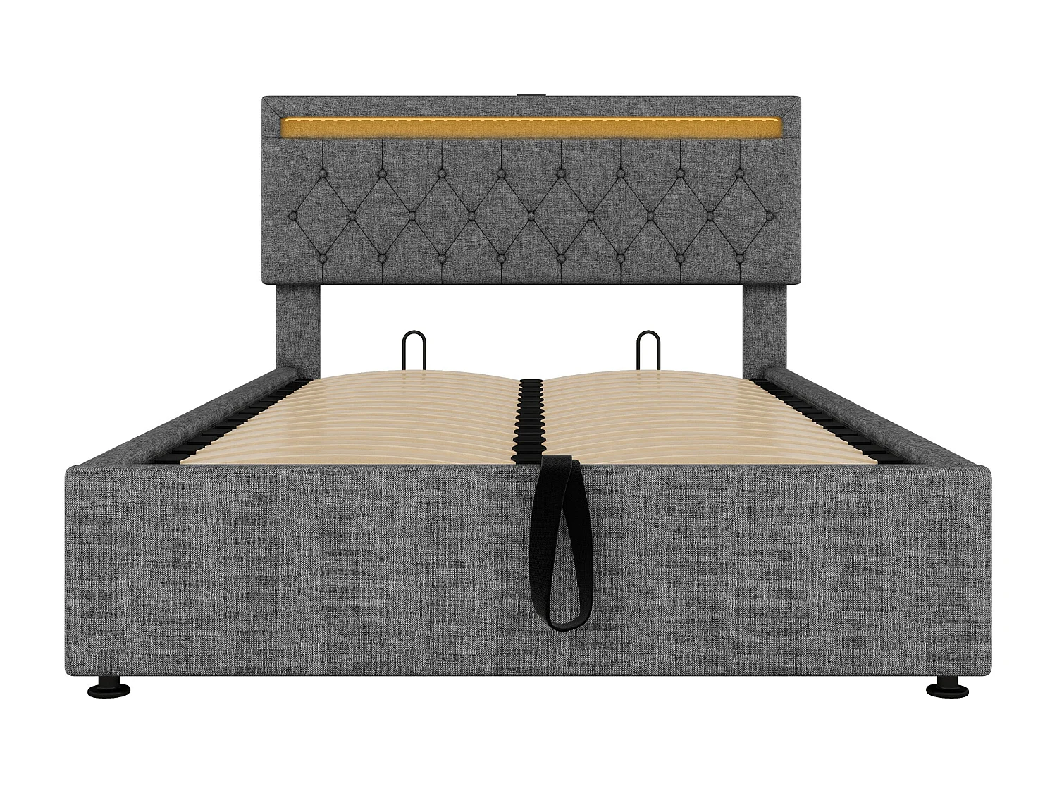 Łóżko ze schowkiem 140x200 cm - Szary len - łóżko dla nastolatków z oświetleniem LED i ładowaniem przez USB - bez podstawy