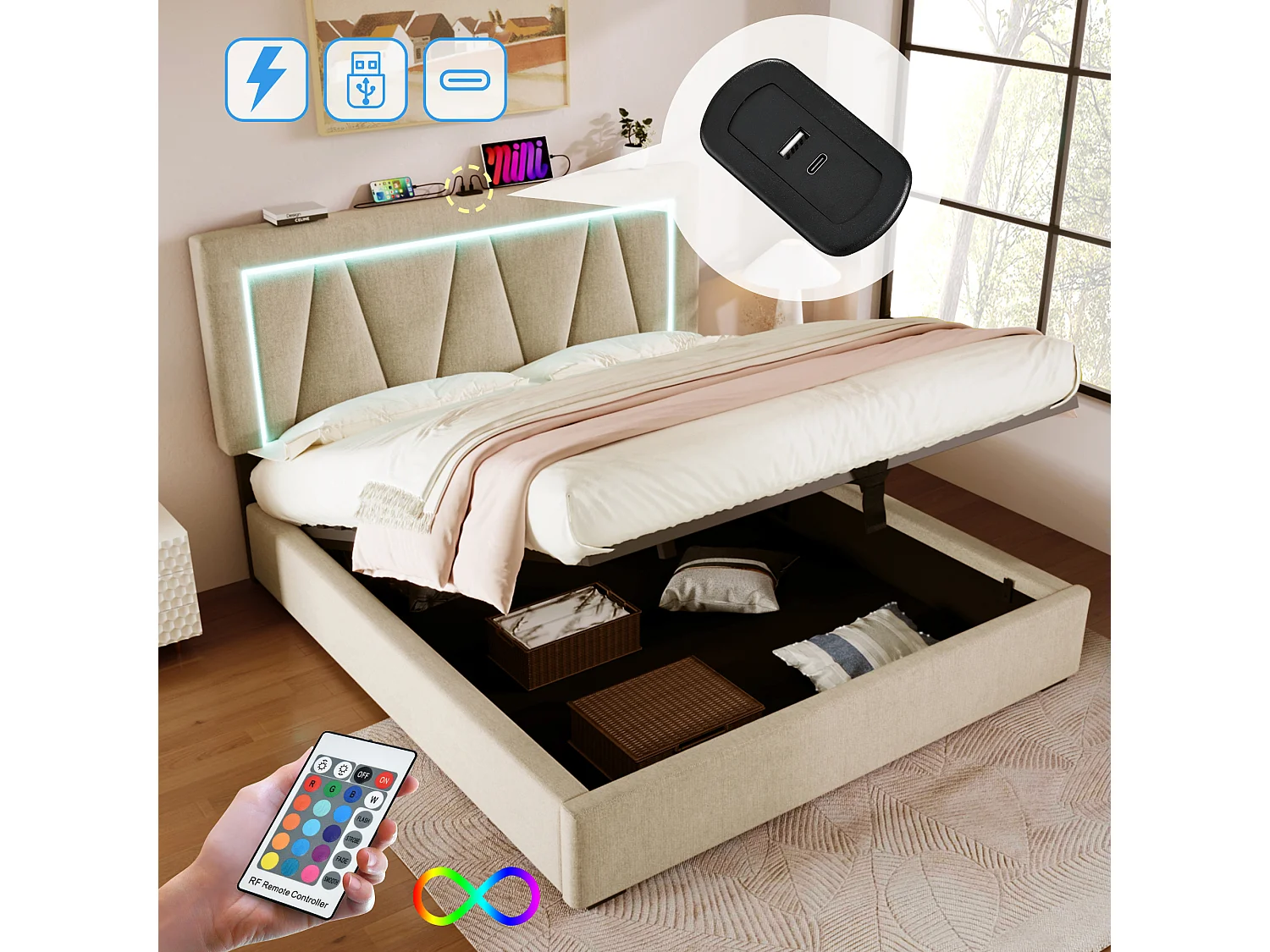 Lit avec rangement 160x200 cm avec USB et LED,  Lin, avec cadre à lattes - Beige (sans matelas)