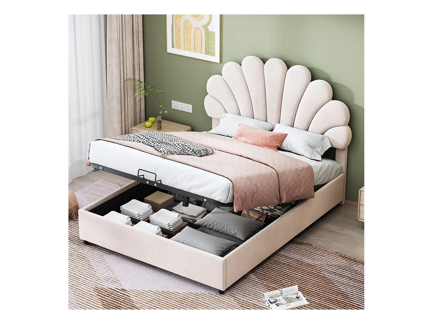 Lit coffre 140 x 200 cm - velours beige - Lit adulte avec tête de lit réglable et sommier à lattes - sans matelas
