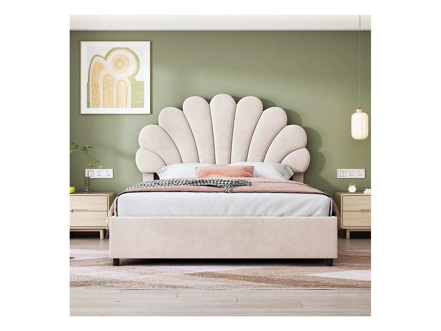 Lit coffre 140 x 200 cm - velours beige - Lit adulte avec tête de lit réglable et sommier à lattes - sans matelas