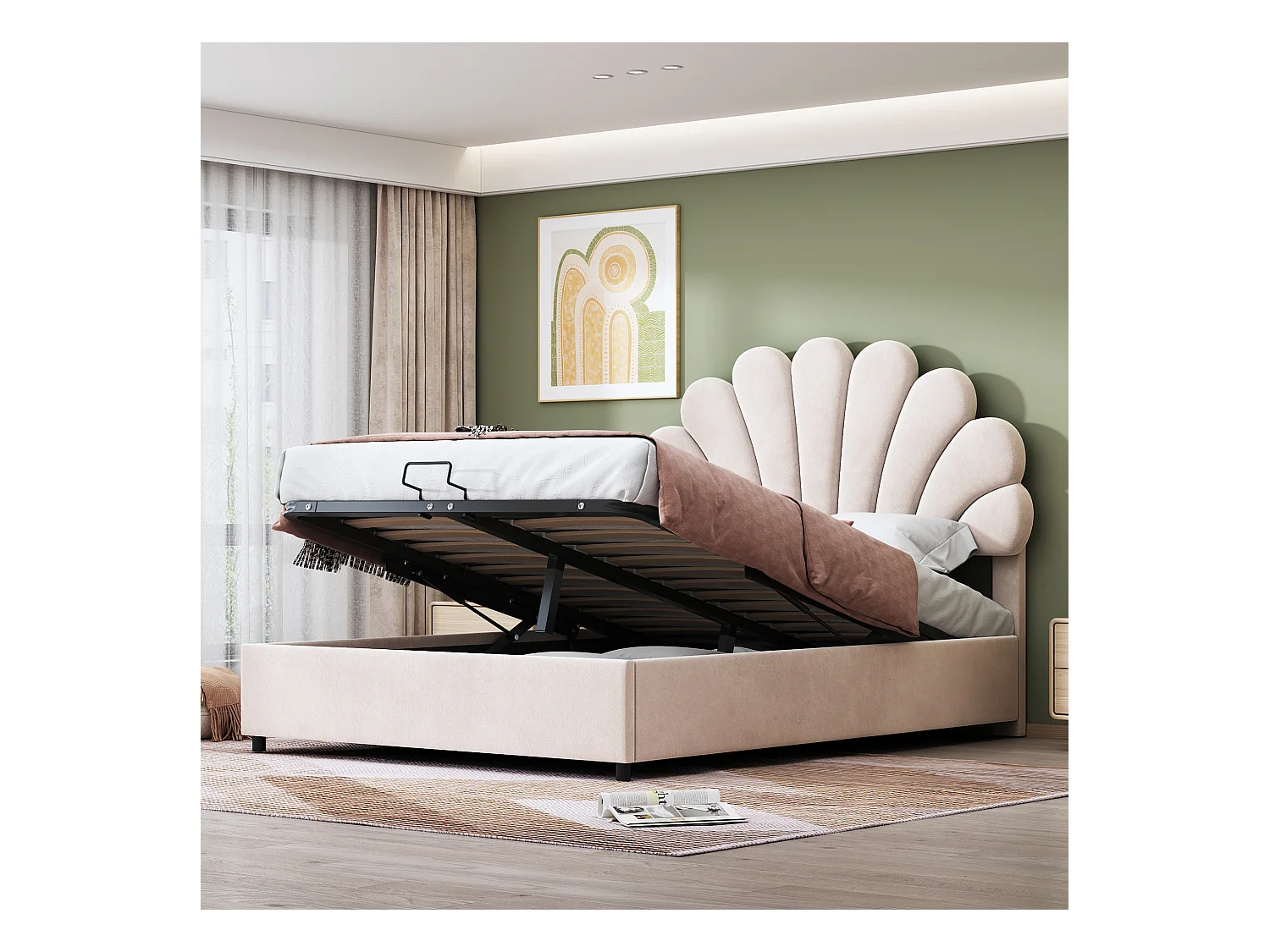 Lit coffre 140 x 200 cm - velours beige - Lit adulte avec tête de lit réglable et sommier à lattes - sans matelas