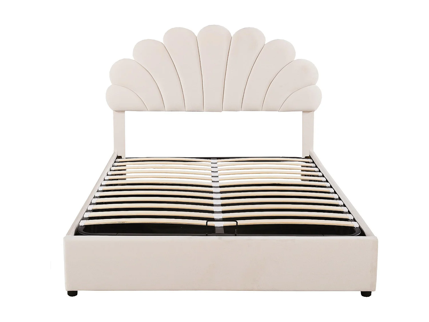 Lit coffre 140 x 200 cm - velours beige - Lit adulte avec tête de lit réglable et sommier à lattes - sans matelas