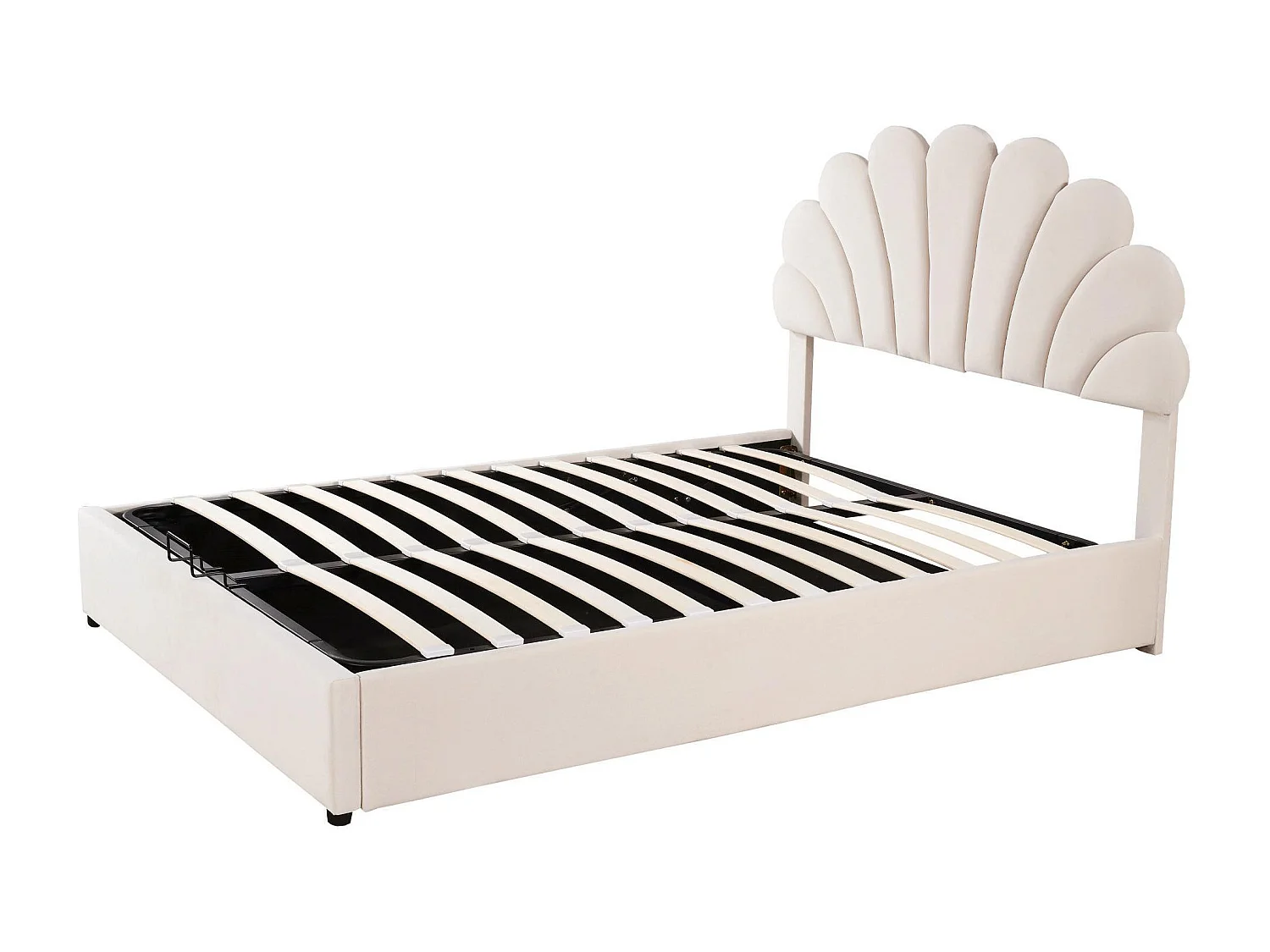 Lit coffre 140 x 200 cm - velours beige - Lit adulte avec tête de lit réglable et sommier à lattes - sans matelas
