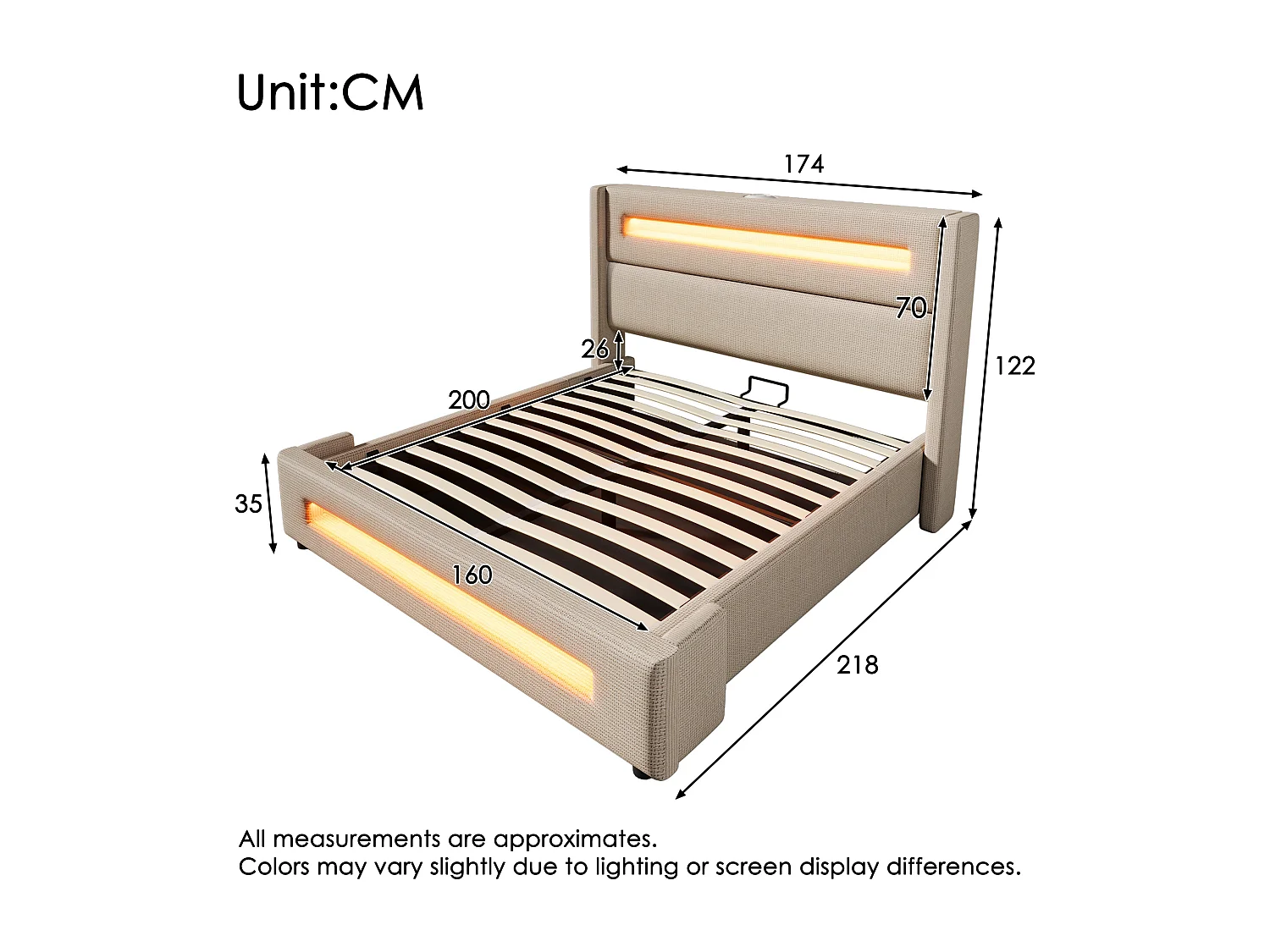 Lit coffre 160x200 cm, lin beige, Lit double avec LED et chargement USB, sans matelas