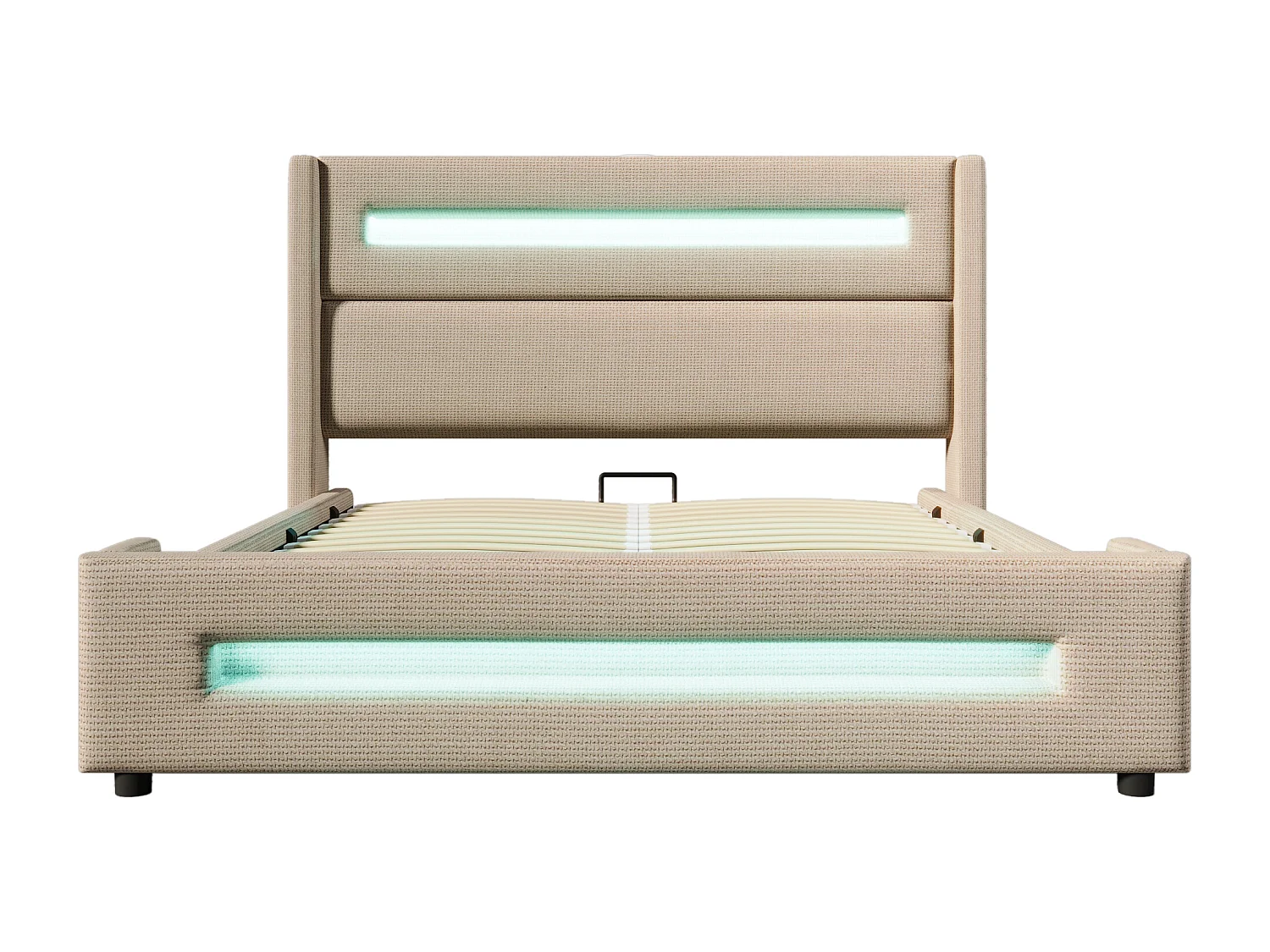 Lit coffre 160x200 cm, lin beige, Lit double avec LED et chargement USB, sans matelas