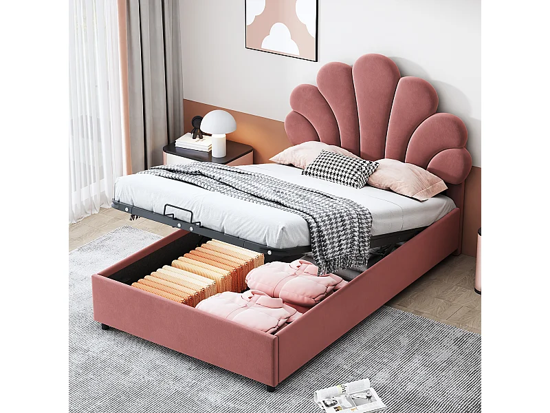 Lit coffre 90 x 200 cm - velours rose - Lit enfant avec tête de lit réglable et sommier à lattes - sans matelas