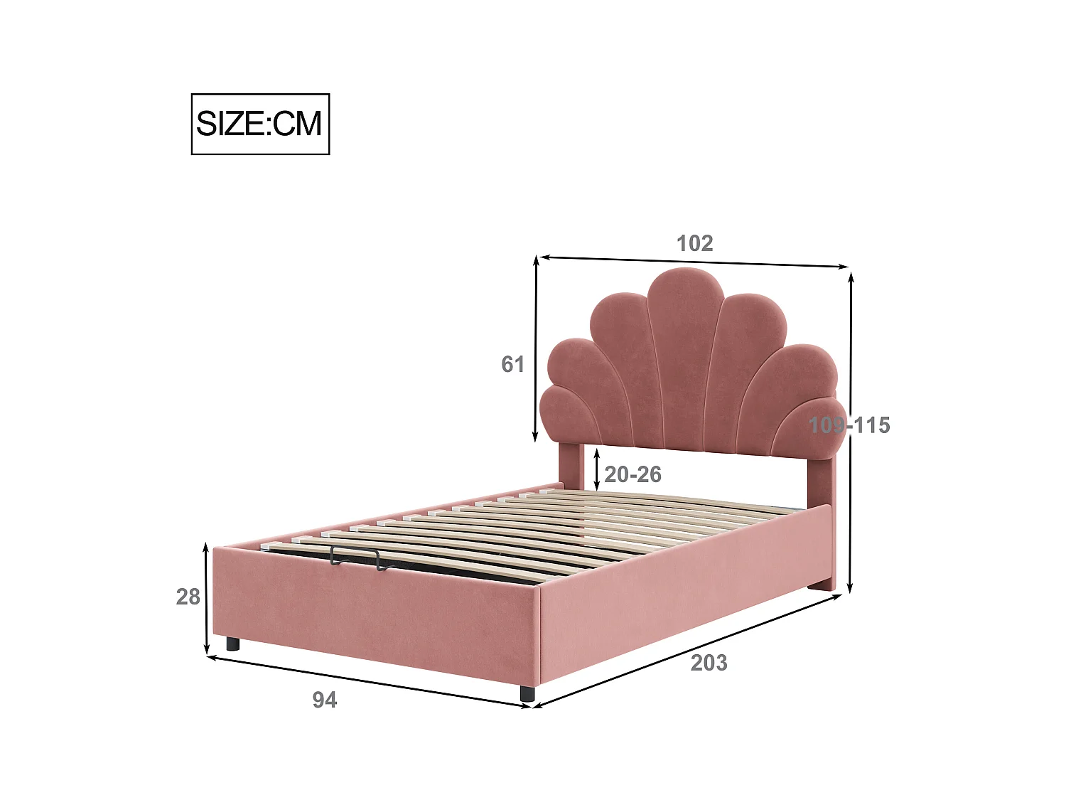 Bett mit Stauraum 90 x 200 cm – Rosa Samt – Kinderbett mit verstellbarem Kopfteil und Lattenrost – ohne Matratze