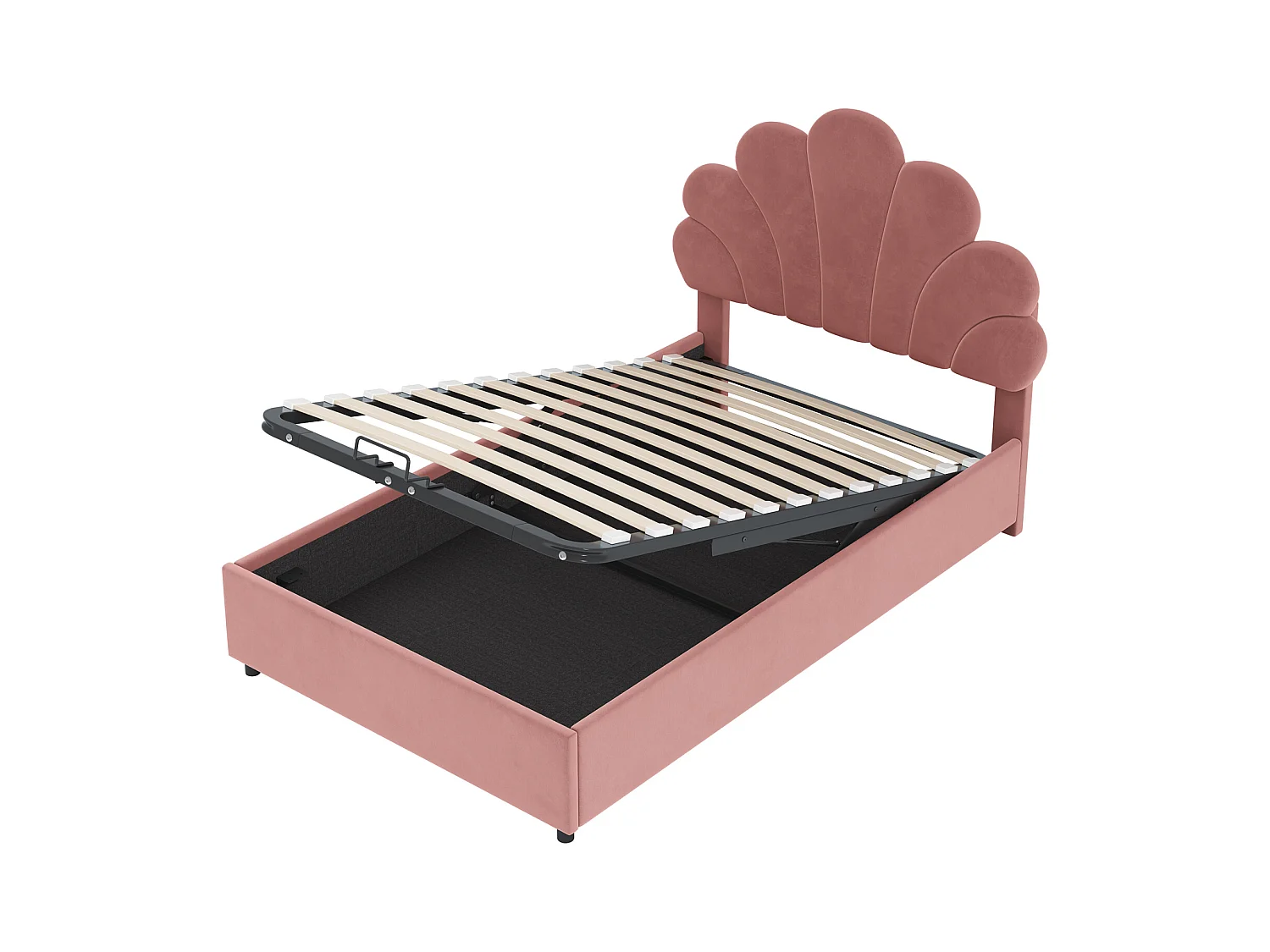Bett mit Stauraum 90 x 200 cm – Rosa Samt – Kinderbett mit verstellbarem Kopfteil und Lattenrost – ohne Matratze