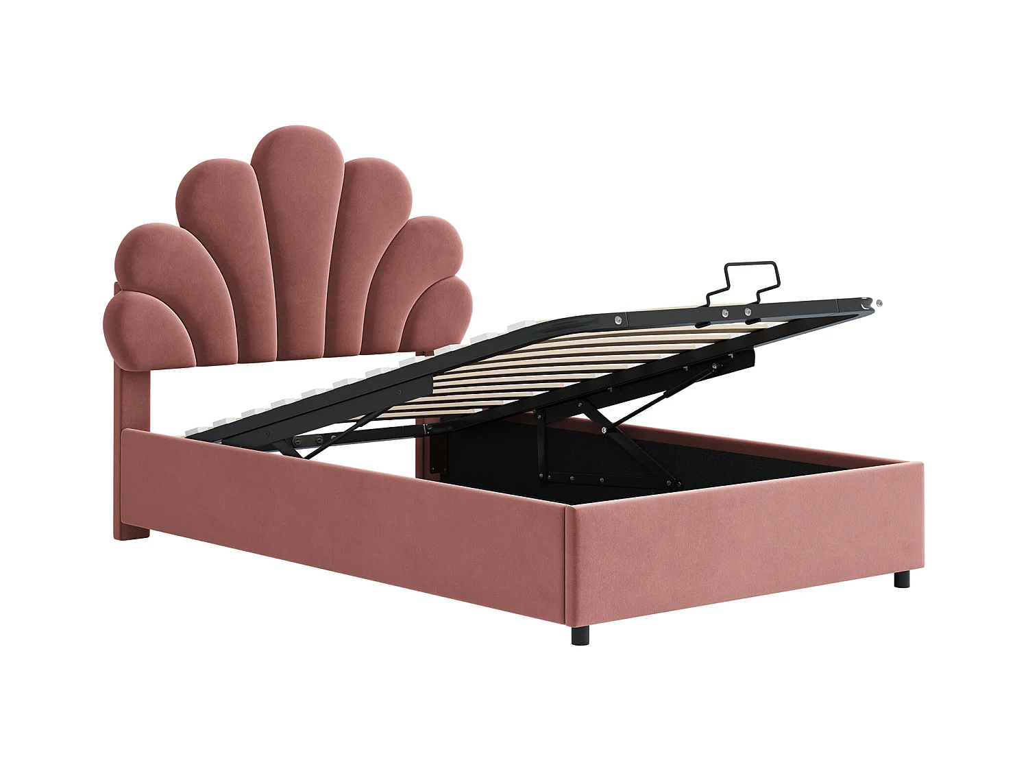 Bett mit Stauraum 90 x 200 cm – Rosa Samt – Kinderbett mit verstellbarem Kopfteil und Lattenrost – ohne Matratze