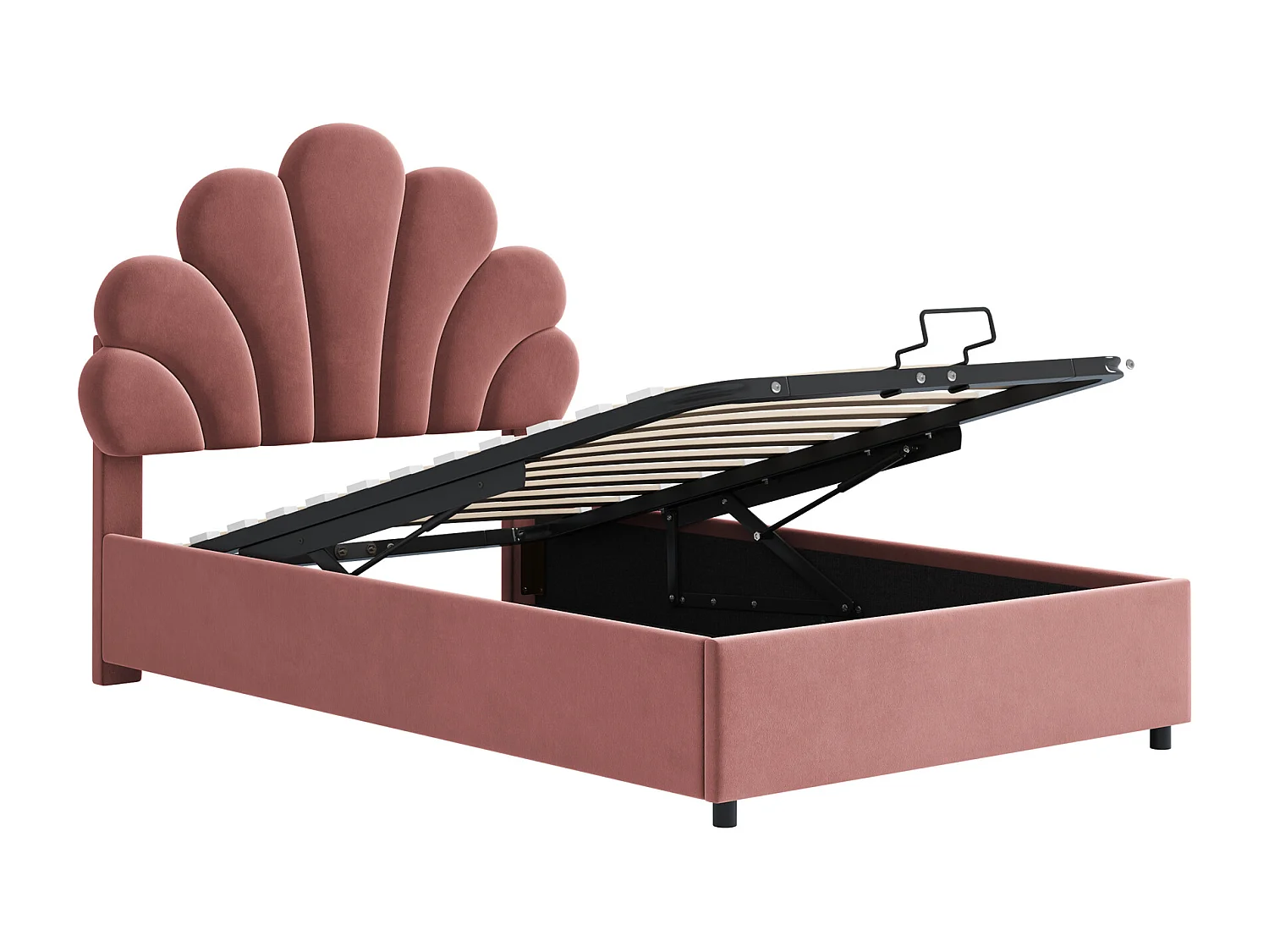 Lit coffre 90 x 200 cm - velours rose - Lit enfant avec tête de lit réglable et sommier à lattes - sans matelas