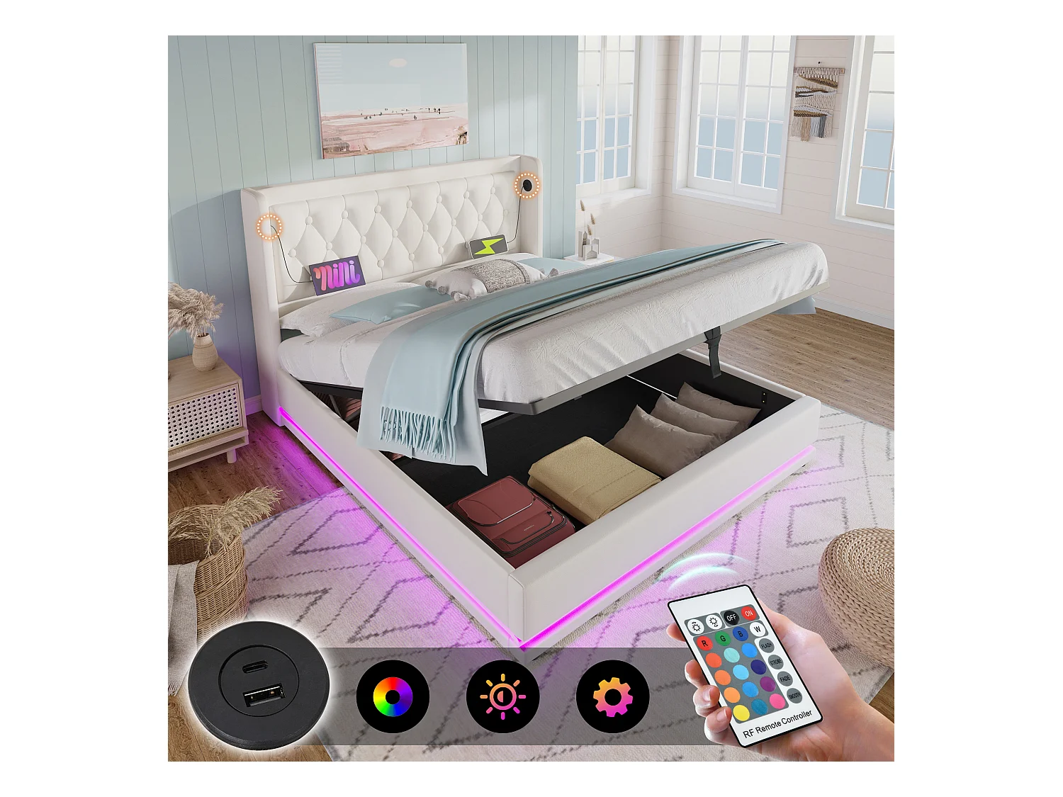 Lit coffre 160 x 200 cm - PU blanc - Lit double avec éclairage LED et recharge USB - sans matelas