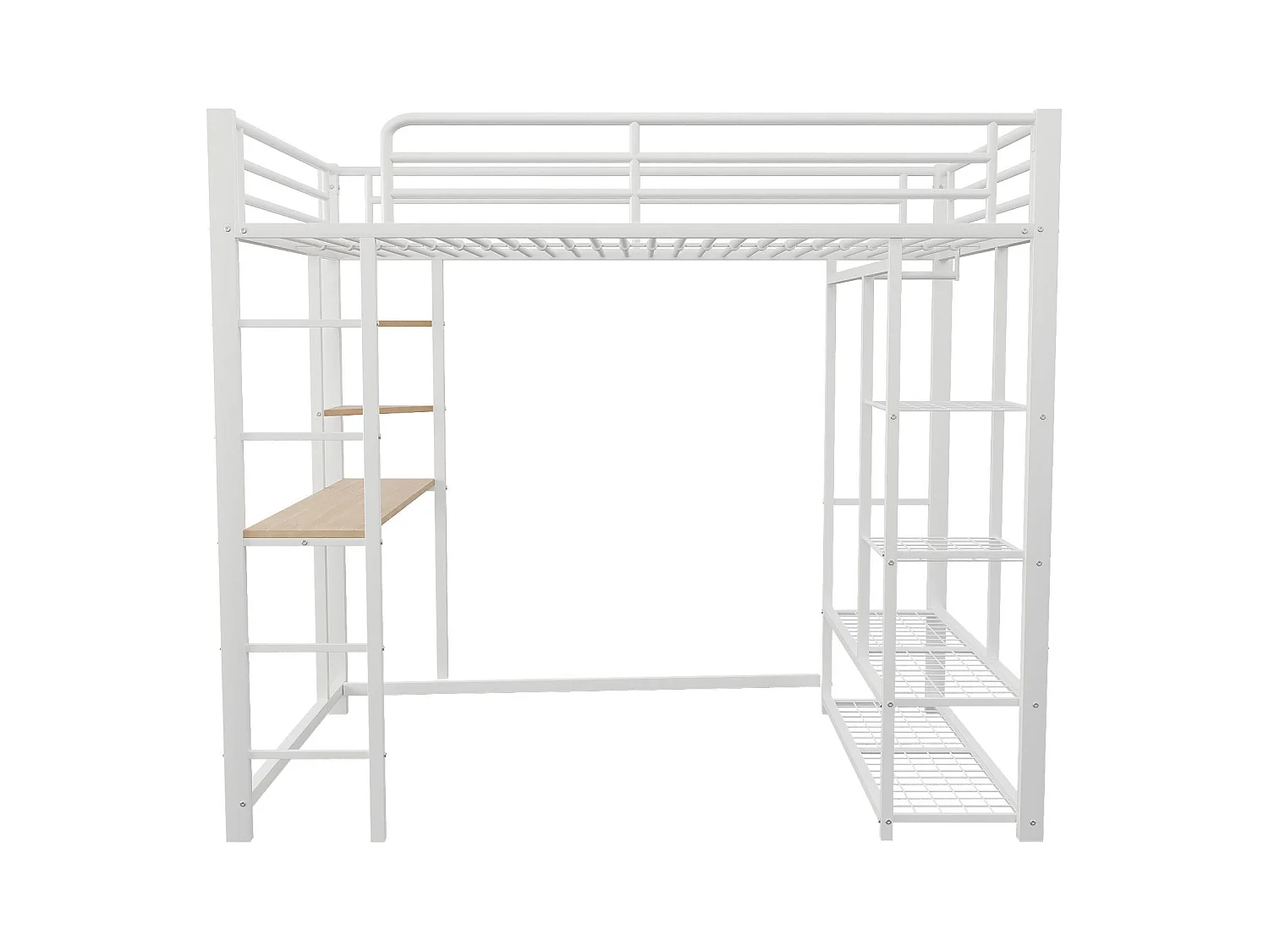 Hochbett 90x200 cm - Metall - Kinderbett mit Tisch und Ablage - Weiß - Ohne Matratze