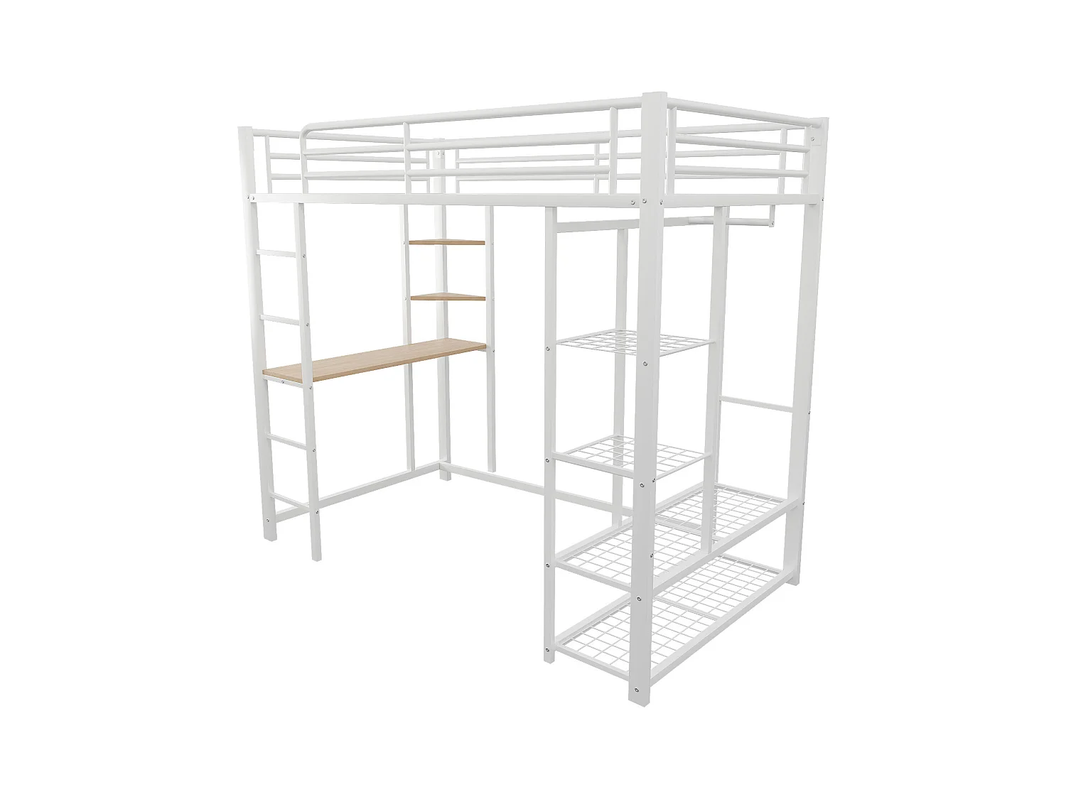 Hochbett 90x200 cm - Metall - Kinderbett mit Tisch und Ablage - Weiß - Ohne Matratze