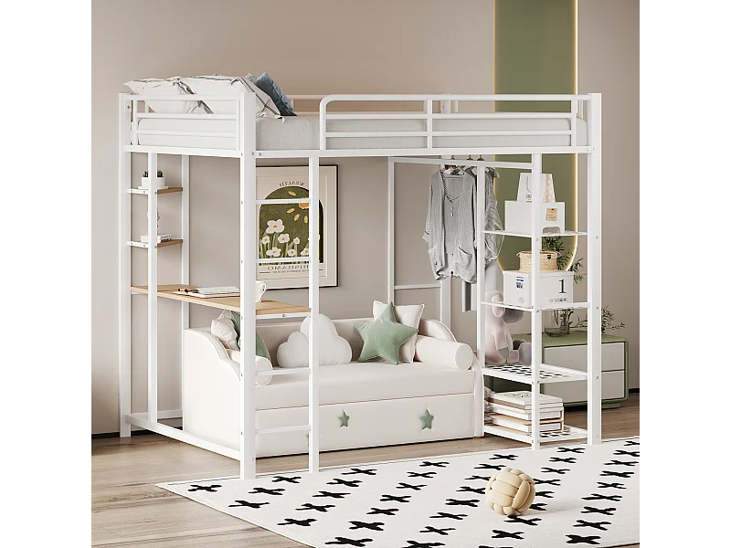 Hochbett 90x200 cm - Metall - Kinderbett mit Tisch und Ablage - Weiß - Ohne Matratze