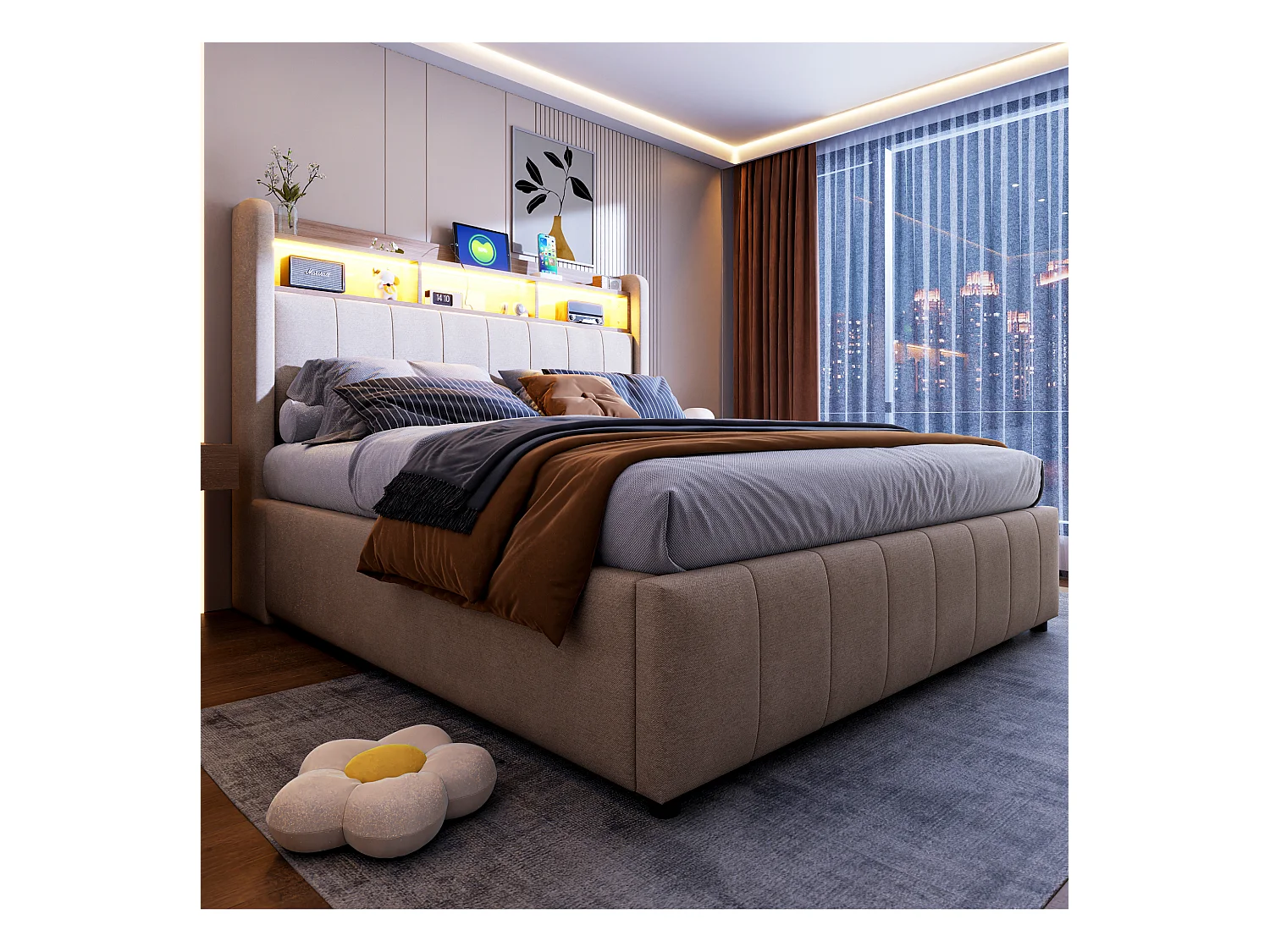 Cama con almacenaje 140 x 200 cm - Lino beige - Cama doble con iluminación LED y carga USB - Sin colchón