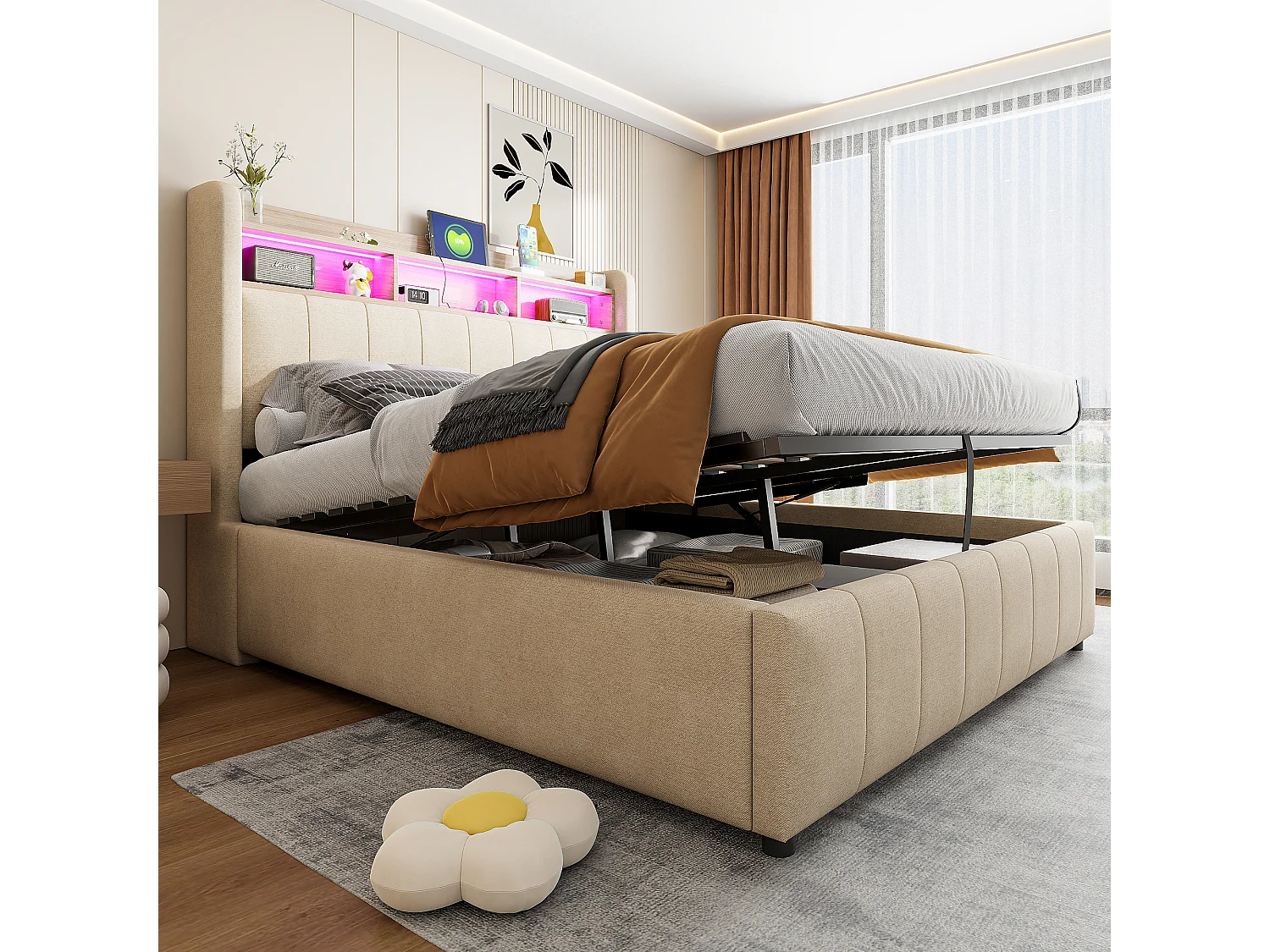 Bed met opbergruimte 140x200 cm - linnenbeige - tweepersoonsbed met ledverlichting en USB-oplader - zonder matras