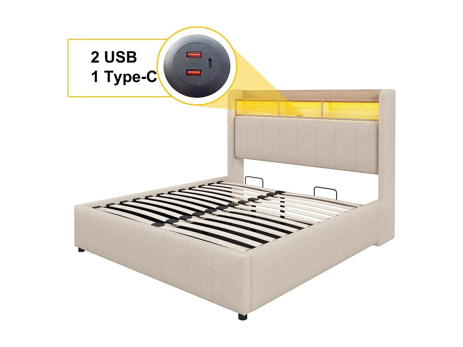 Bed met opbergruimte 140x200 cm - linnenbeige - tweepersoonsbed met ledverlichting en USB-oplader - zonder matras