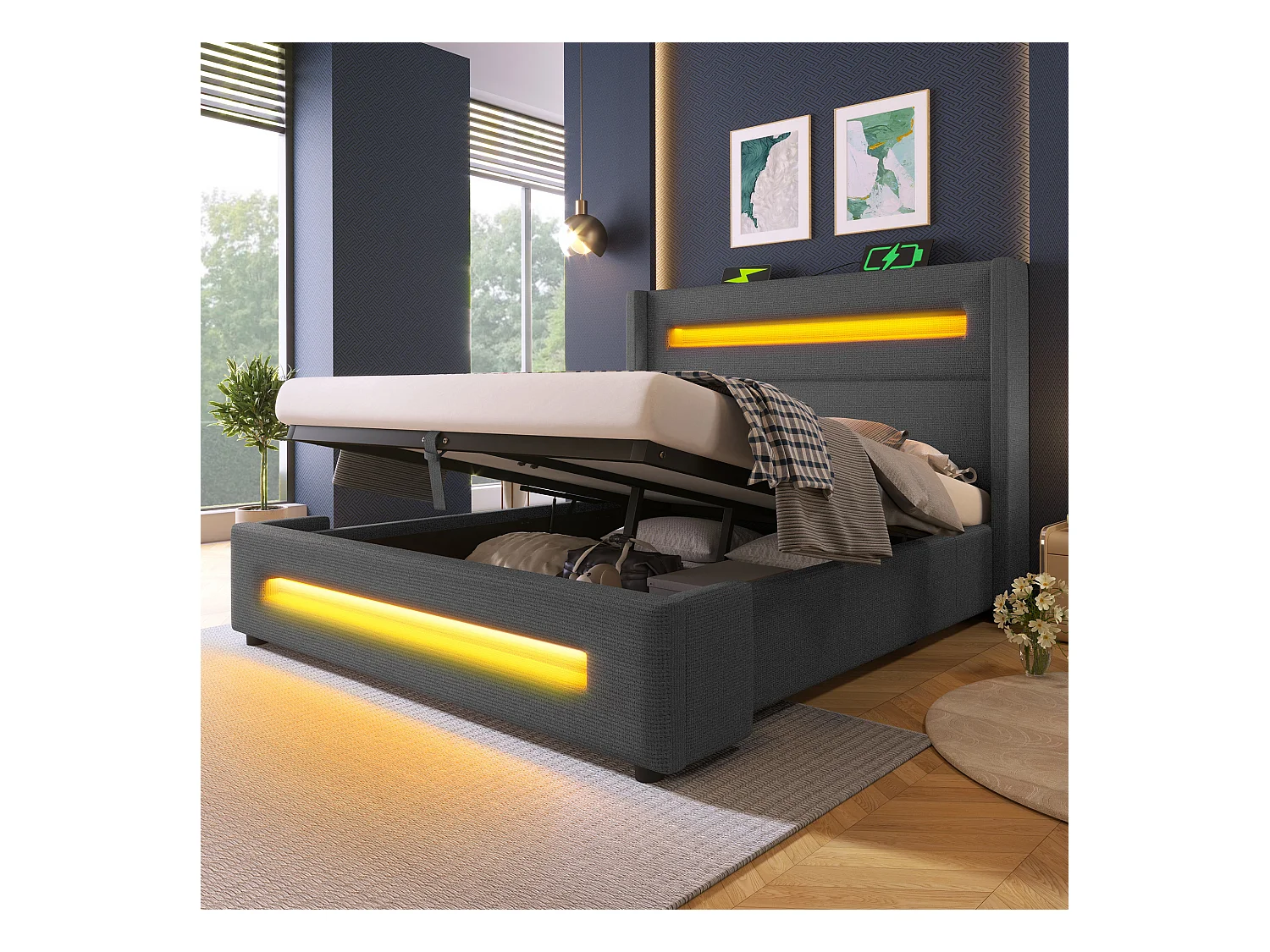 Stauraumbett 140x200 cm, graues Leinen, Erwachsenenbett mit LED-Beleuchtung und USB-Ladefunktion, Holzlattenrost