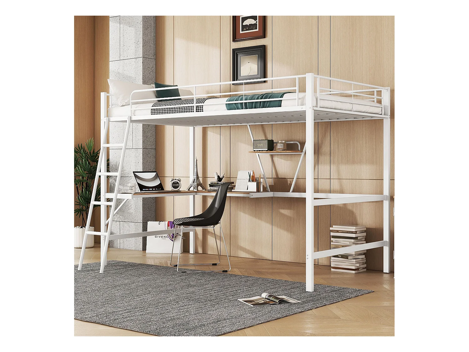Cama alta de 90x200 cm, cama juvenil con escritorio en L y estante, color blanco, sin colchón